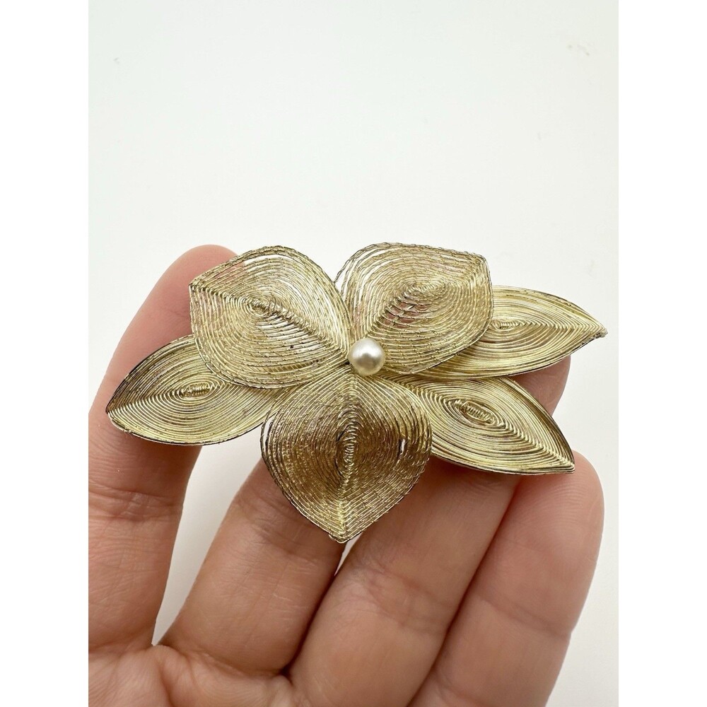 Germany Vintage 50's Spun Wire Flower Brooch Filigree Faux Pearl